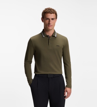 BOSS Polo Plisy manga comprida verde