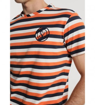 Six Valves T-shirt orange à rayures multiples, tissé en marine