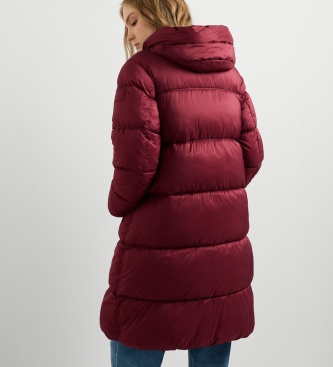 Pepe Jeans Lauren Long gewatteerde jas lang bordeauxrood