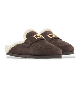 A|X Armani Exchange Brown Leather Clogs with Shearling