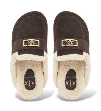 A|X Armani Exchange Brown Leather Clogs with Shearling