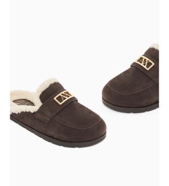 A|X Armani Exchange Brown Leather Clogs with Shearling