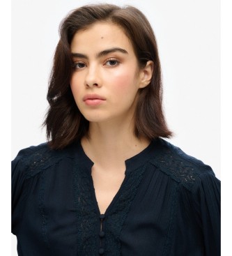 Superdry Blusa Lace Trim Smocked marinho