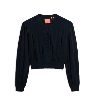 Superdry Blusa Lace Trim Smocked marinho
