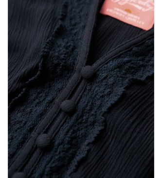 Superdry Blusa Lace Trim Smocked marinho