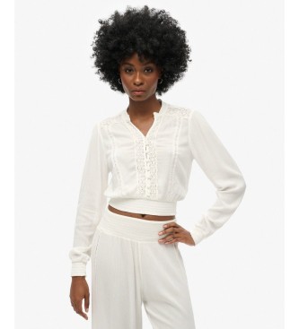 Superdry Blusa Lace Trim Smocked branca