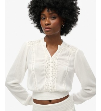 Superdry Blusa Lace Trim Smocked branca