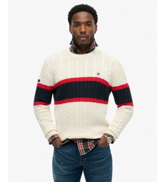 Superdry Pull en jersey de coton rayé à torsades beige