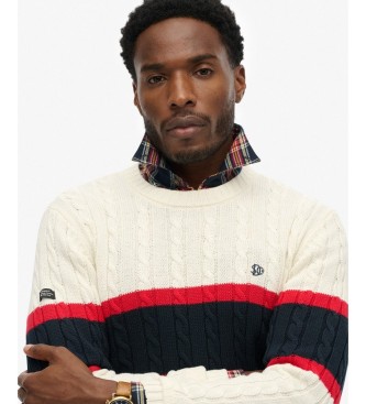 Superdry Pull en jersey de coton rayé à torsades beige