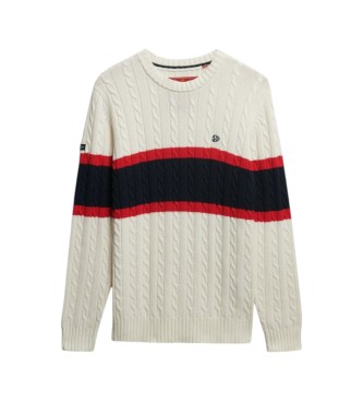 Superdry Pull en jersey de coton rayé à torsades beige