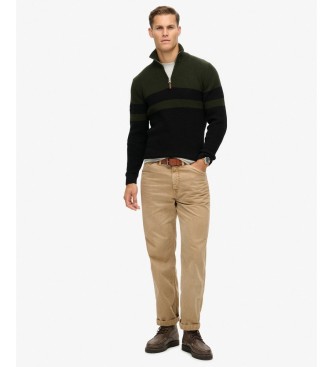 Superdry Olive green, black striped Cotton Classics Henley jersey