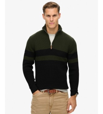 Superdry Olive green, black striped Cotton Classics Henley jersey