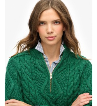 Superdry Zielony sweter Aran Cable Half