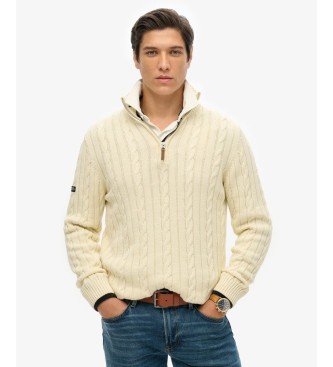 Superdry Pull à demi-fermeture éclair Cotton Classic Cable 1/2 blanc crème
