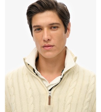 Superdry Pull à demi-fermeture éclair Cotton Classic Cable 1/2 blanc crème