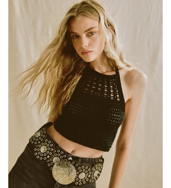 Superdry Top Crop Halter Crochet Noir