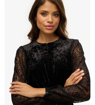 Superdry Vestido Lace Sleeve Velvet negro