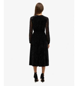 Superdry Vestido Lace Sleeve Velvet negro