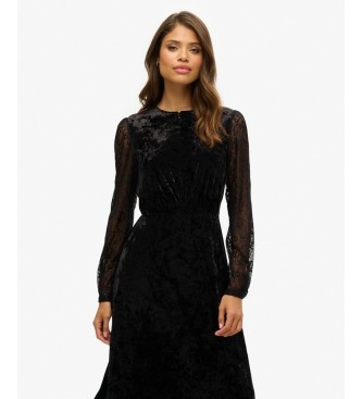Superdry Vestido Lace Sleeve Velvet negro