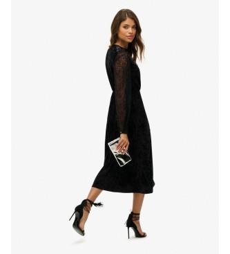 Superdry Vestido Lace Sleeve Velvet negro