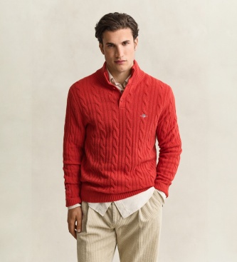 Gant Rode gebreide trui met kabeldesign en halve knoopsluiting