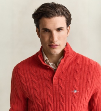 Gant Rode gebreide trui met kabeldesign en halve knoopsluiting