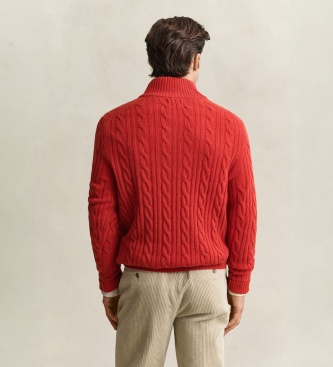 Gant Rode gebreide trui met kabeldesign en halve knoopsluiting