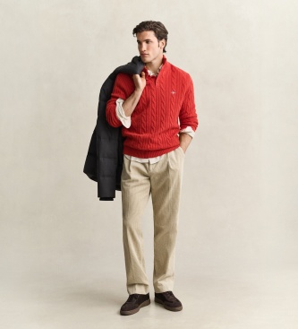Gant Rode gebreide trui met kabeldesign en halve knoopsluiting