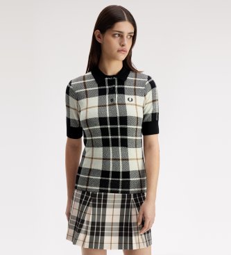 Fred Perry Poloshirt aus Strick mit Tartanmuster in Bouclé, weiß, schwarz