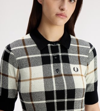 Fred Perry Poloshirt aus Strick mit Tartanmuster in Bouclé, weiß, schwarz