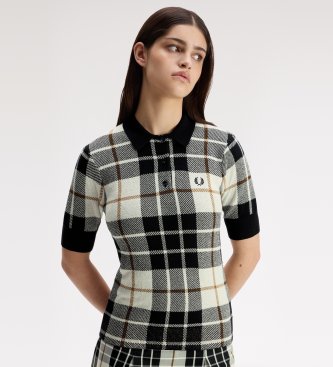 Fred Perry Poloshirt aus Strick mit Tartanmuster in Bouclé, weiß, schwarz