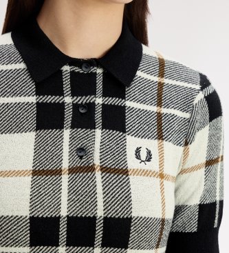 Fred Perry Poloshirt aus Strick mit Tartanmuster in Bouclé, weiß, schwarz