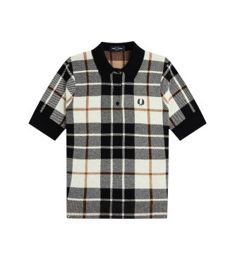 Fred Perry Poloshirt aus Strick mit Tartanmuster in Bouclé, weiß, schwarz