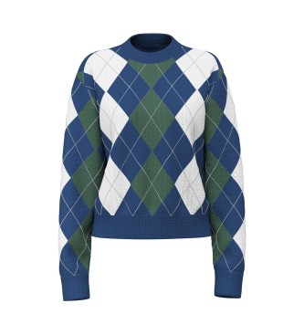 Guess Gracie round neck sweater with blue argyle pattern