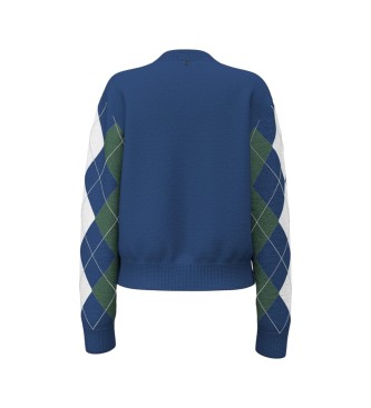 Guess Gracie round neck sweater with blue argyle pattern