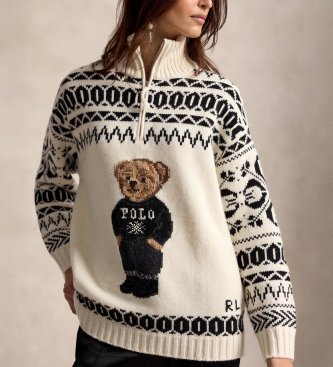 Polo Ralph Lauren Pullover aus Wolle und Kaschmir mit weißem Polo Bear in Creme
