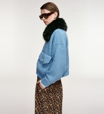 Essentiel Antwerp Strickjacke mit Kunstfell Kanada blau