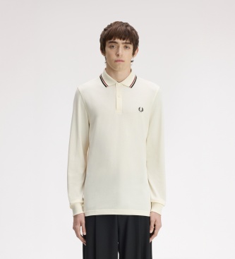 Fred Perry Polo med dobbeltstribet krave og lange ærmer i beige