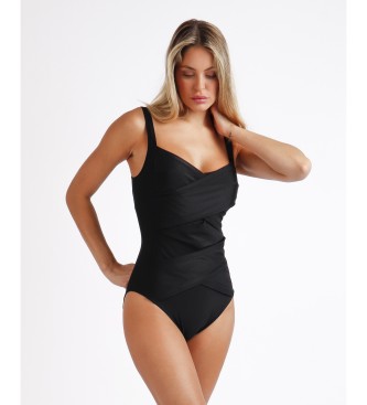 Admas Curvy black striped swimming costume with briefs