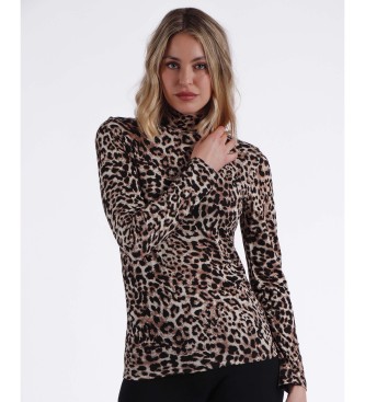 Admas T-shirt a maniche lunghe in pelle di leopardo marrone