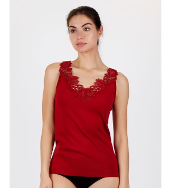 Admas T-shirt sem mangas vermelha Guipur com decote em guipura vermelha