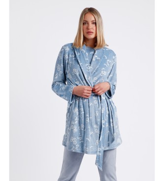 Admas White Flowers long sleeve blue dressing gown