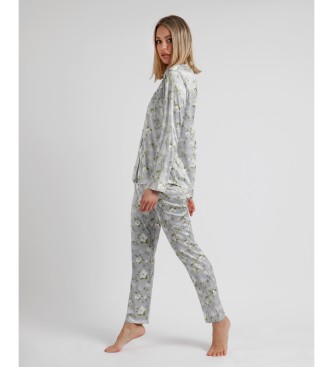Admas Perlen Style Langarm offener Pyjama grau