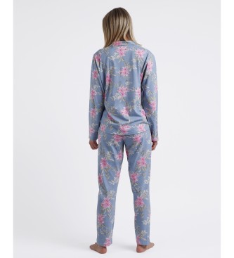 Admas Pyjama ouvert  manches longues rose et bleu fleurs bleu
