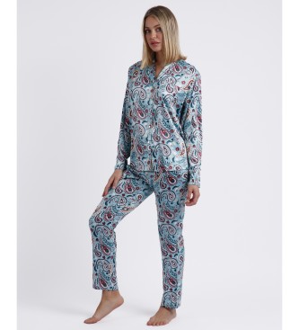 Admas Wasser Paisley Blau Langarm Offene Pyjama Tops