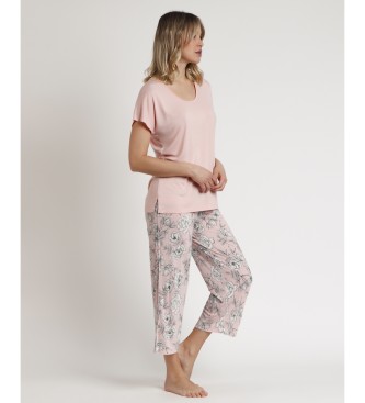 Admas Pijama de manga curta Flores cor-de-rosa