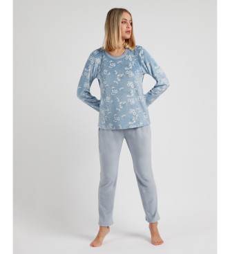 Admas White Flowers Printed Long Sleeve Pyjama blue