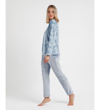 Admas White Flowers Printed Long Sleeve Pyjama blue