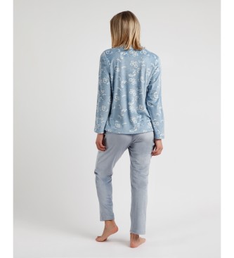 Admas Pijama de manga comprida estampado com flores brancas azul