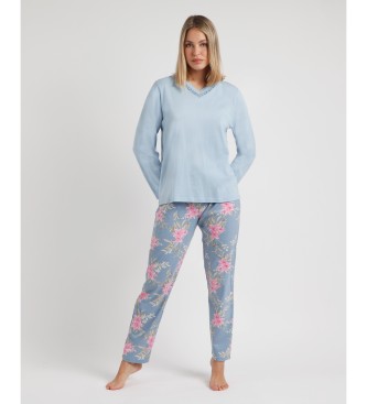 Admas Pijama de manga comprida Flores cor-de-rosa e azuis azul